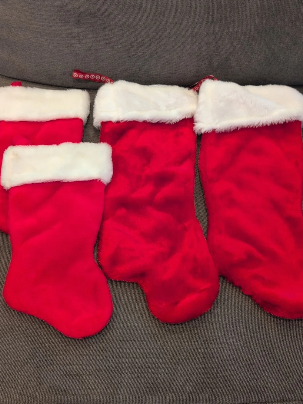 Set of Red Plush Christmas Stockings with White Faux Fur Cuffs